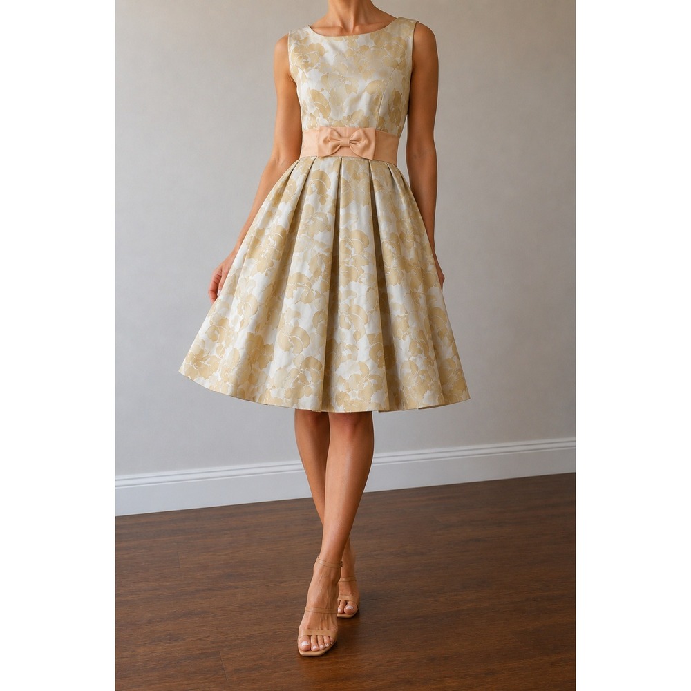 Vintage 50s Carol Brent Brocade Party Dress XS Gold Metallic Satin Bow Fit Flare